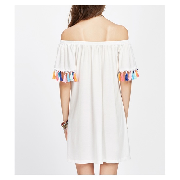 LAST ONE White Off Shoulder Tassels Shift Dress - Picture 4 of 8